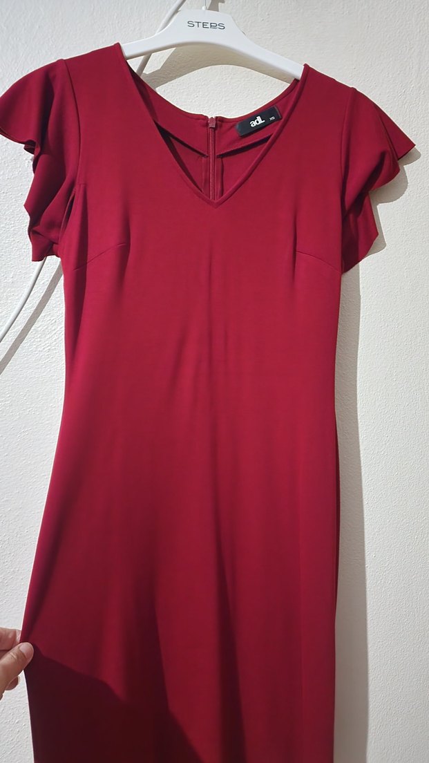 adl kırmızı V Yakalı Midi Elbise - Görsel 4