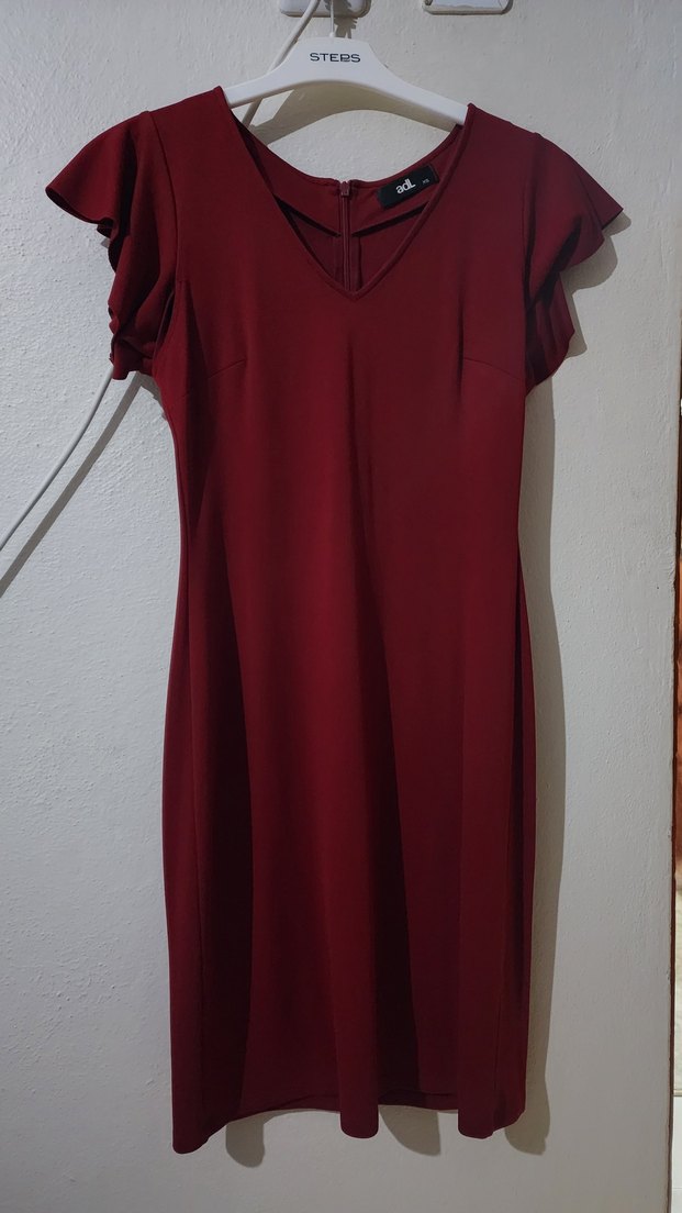 adl kırmızı V Yakalı Midi Elbise - Görsel 3