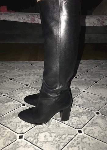 Siyah Deri Dizüstü Stiletto Botlar - Görsel 2