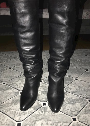 Siyah Deri Dizüstü Stiletto Botlar - Görsel 3