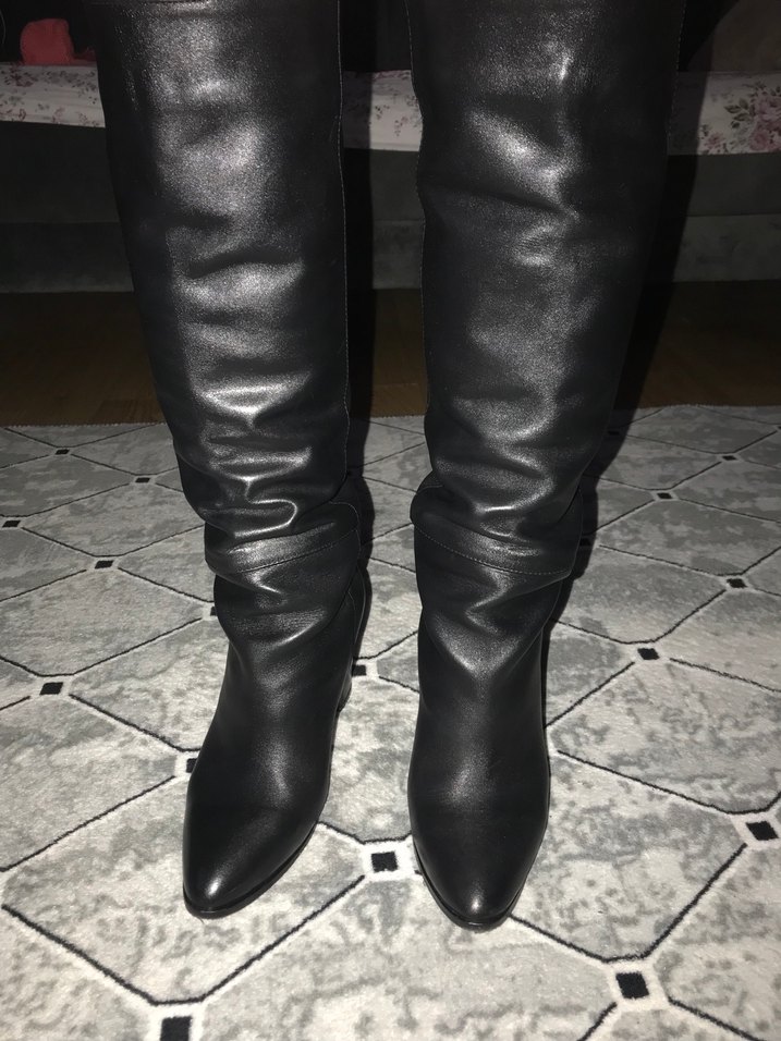 Siyah Deri Dizüstü Stiletto Botlar - Görsel 3