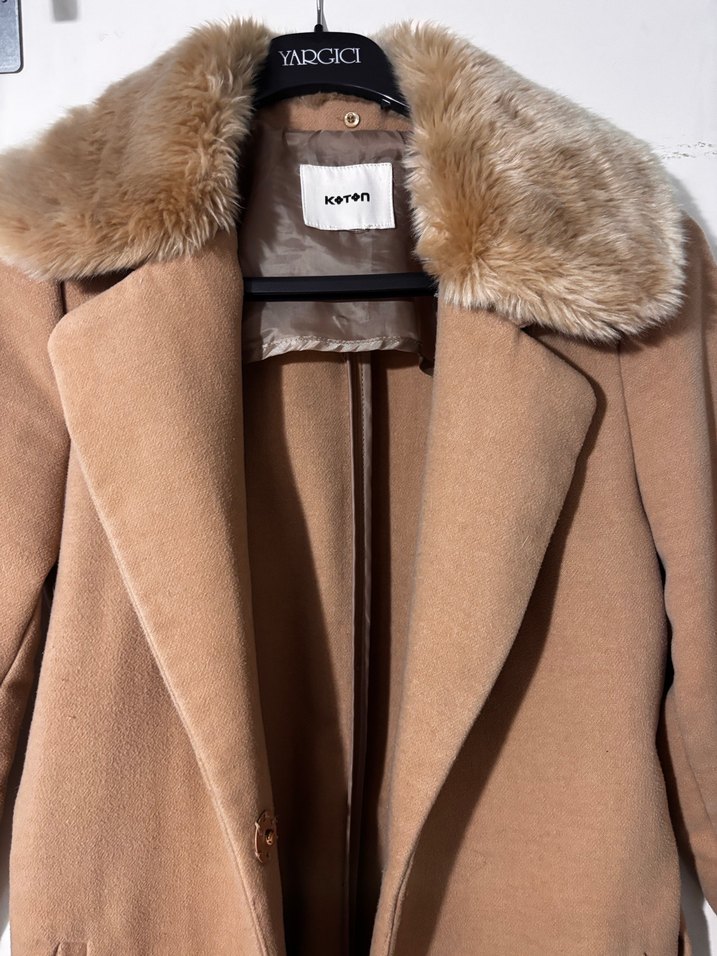 Kürk Yakalı Uzun Camel Kaban - Görsel 2