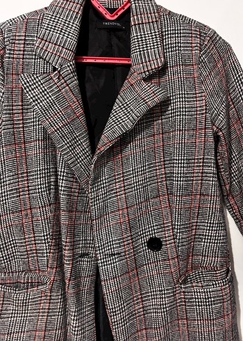 Ekose Desenli Gri Kadın Mini Blazer Ceket - Görsel 2