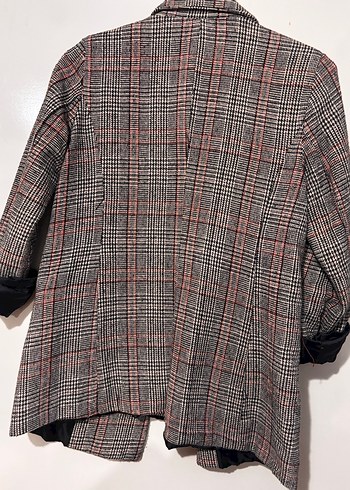 Ekose Desenli Gri Kadın Mini Blazer Ceket - Görsel 3