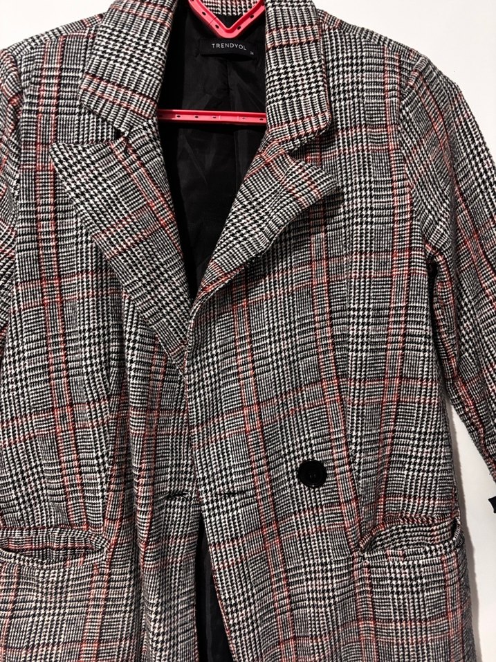 Ekose Desenli Gri Kadın Mini Blazer Ceket - Görsel 2