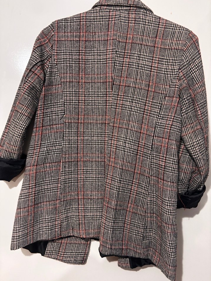 Ekose Desenli Gri Kadın Mini Blazer Ceket - Görsel 3