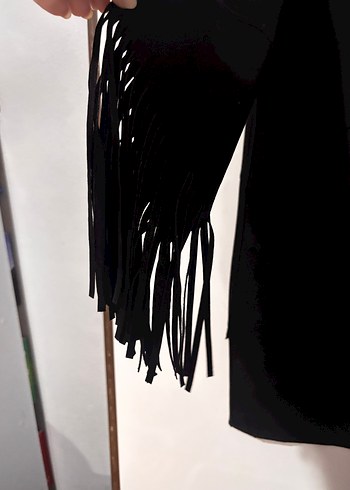 Püsküllü Siyah Süet Kadın Uzun Ceket - Görsel 2