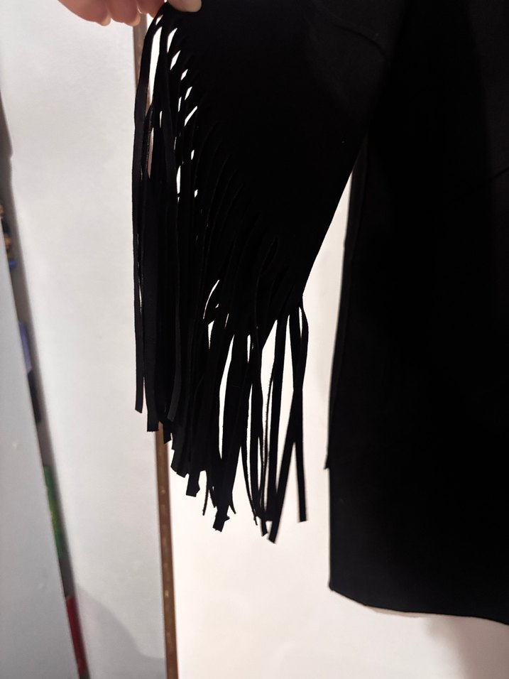 Püsküllü Siyah Süet Kadın Uzun Ceket - Görsel 2