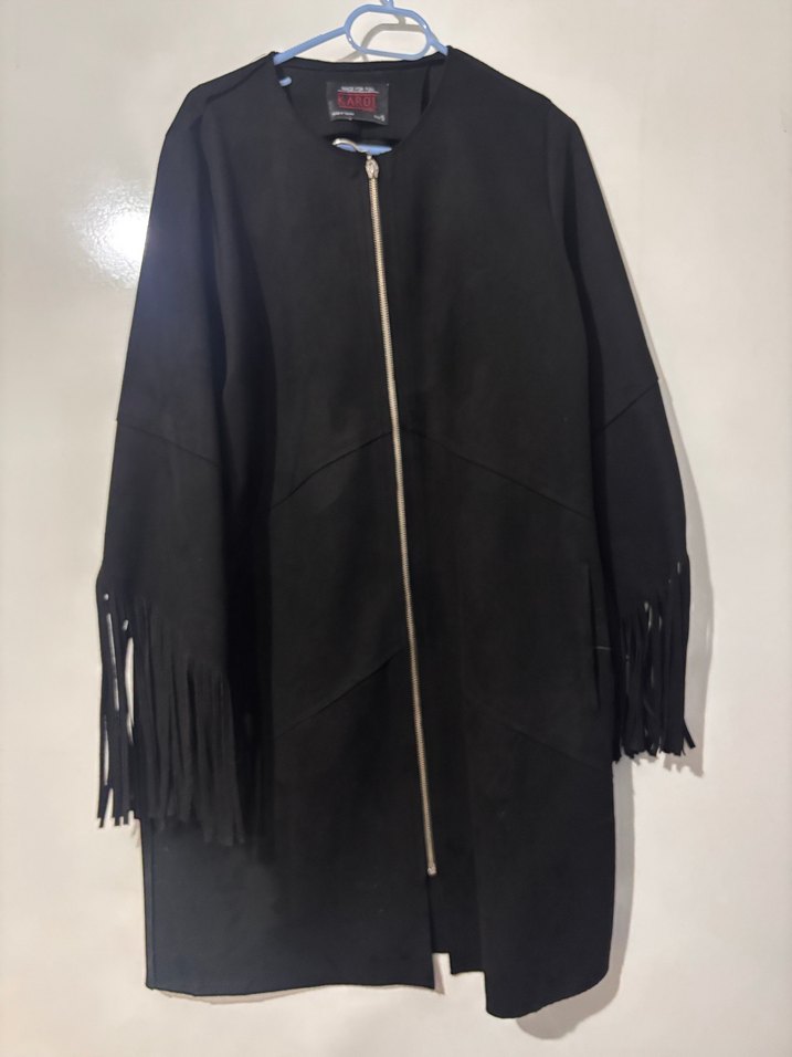 Püsküllü Siyah Süet Kadın Uzun Ceket - Görsel 3