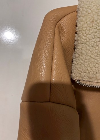 Bej Kısa Kürklü Deri Kadın Ceket - Görsel 3