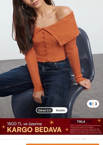 Düğmeli Turuncu Bağlama Desenli Kadın Kazak - Görsel 2