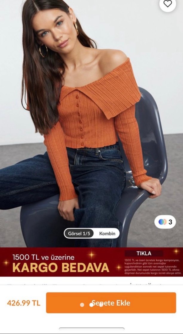 Düğmeli Turuncu Bağlama Desenli Kadın Kazak - Görsel 2