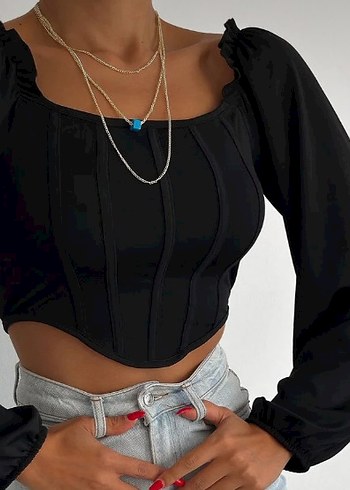 Siyah V-Yaka Denim Bluz - Görsel 3