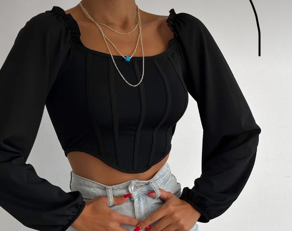 Siyah V-Yaka Denim Bluz - Görsel 3