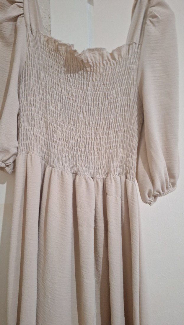 Bej Uzun Keten Bohem Elbise - Görsel 2