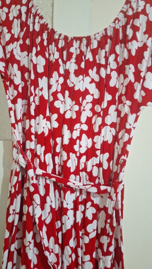 Uzun Kırmızı Batik Desenli Bohem Elbise - Görsel 2