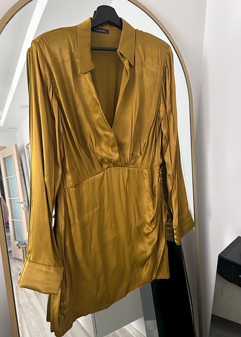 Uzun Kollu Drapeli Parlak yap yeşili elbise - Görsel 4