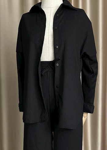 Siyah Keten Uzun Kollu Kadın Takım Elbise - Görsel 2