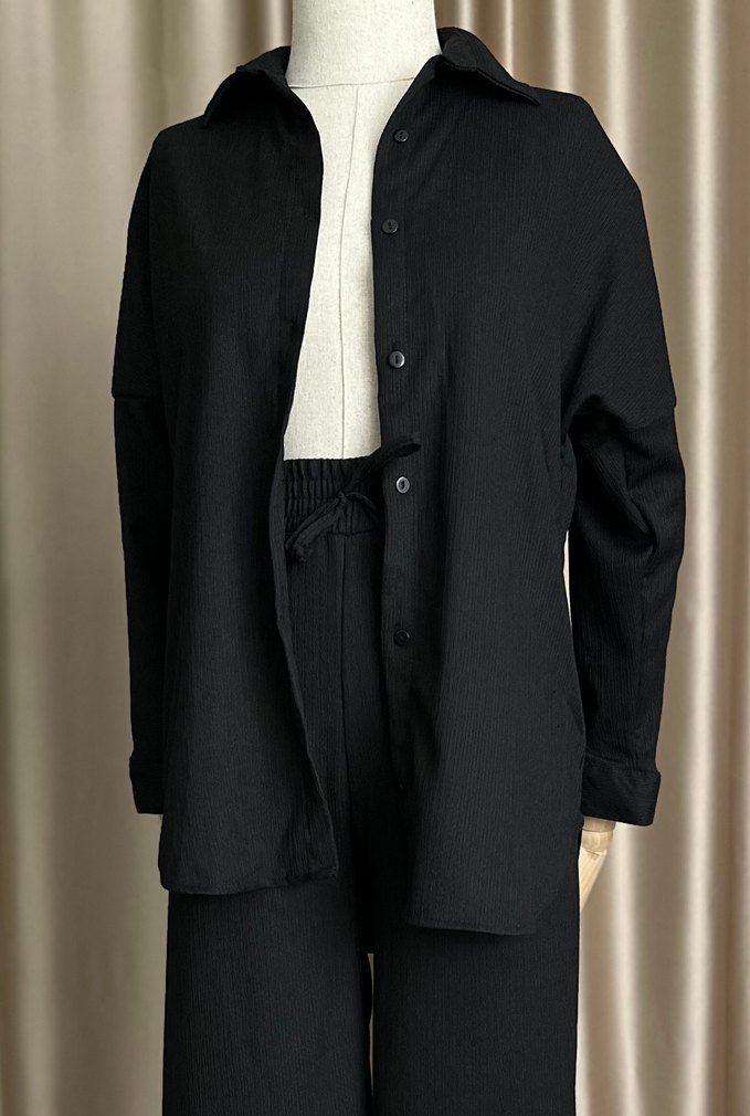 Siyah Keten Uzun Kollu Kadın Takım Elbise - Görsel 2