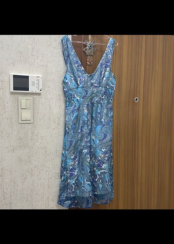 Mavi V Yaka Dantel Detaylı Uzun Bohem Elbise - Görsel 2