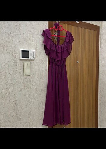 Mor Volanlı Uzun Şifon elbise - Görsel 2