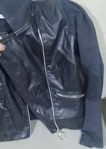 Siyah Deri Biker Ceket Yüksek Yakalı - Görsel 3