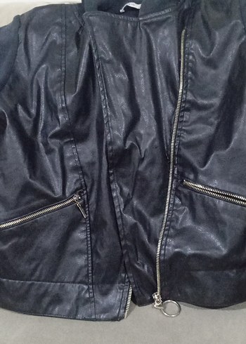 Siyah Deri Biker Ceket Yüksek Yakalı - Görsel 5