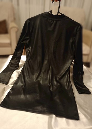 Siyah Deri Mini Kadın elbise - Görsel 6