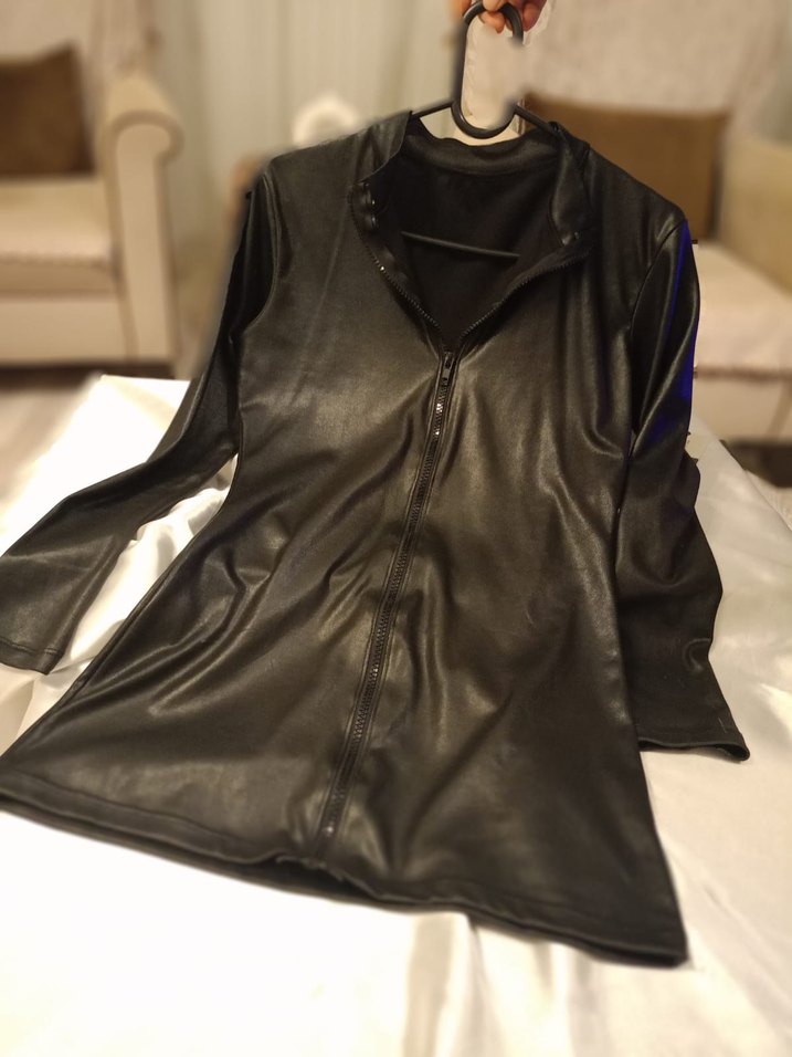 Siyah Deri Mini Kadın elbise - Görsel 3