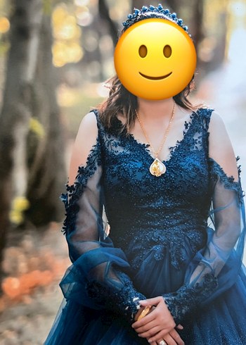 Mavi Gotik V Yaka Midi Abiye Elbise - Görsel 2