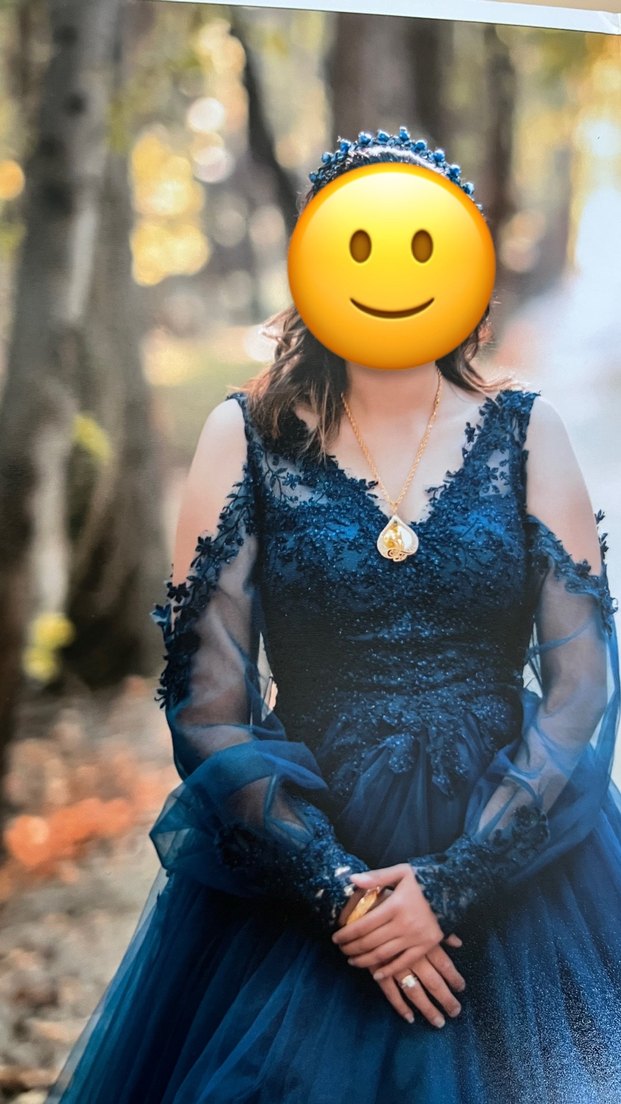 Mavi Gotik V Yaka Midi Abiye Elbise - Görsel 2