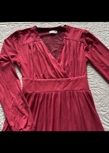 Bordo Uzun Kollu Fırfırlı Uzun Elbise  s beden - Görsel 2