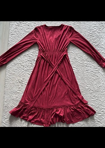 Bordo Uzun Kollu Fırfırlı Uzun Elbise  s beden - Görsel 4