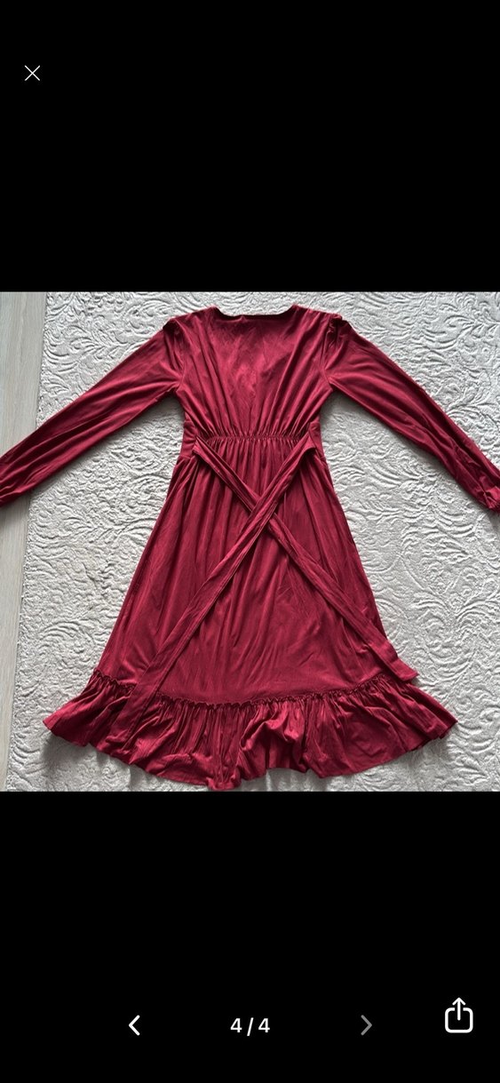 Bordo Uzun Kollu Fırfırlı Uzun Elbise  s beden - Görsel 4