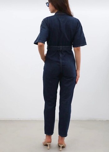 Kadın Lacivert Kemerli Denim Tulum - Görsel 2