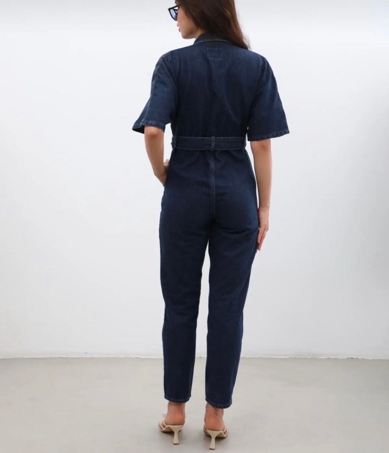 Kadın Lacivert Kemerli Denim Tulum - Görsel 2