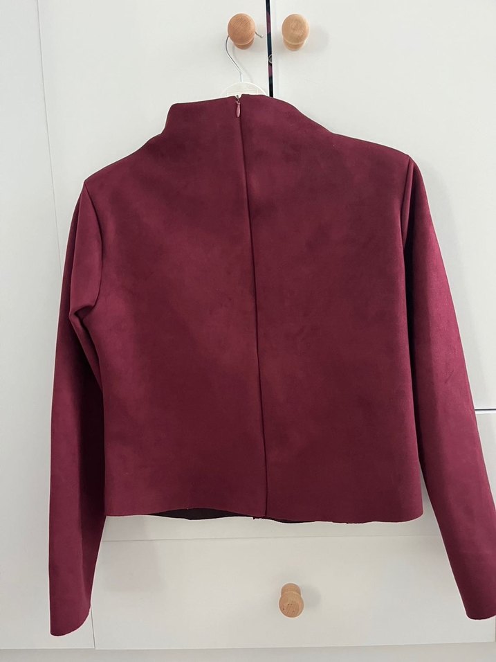 Bordo Yüksek Yakalı Kadın Süet Ceket - Görsel 3