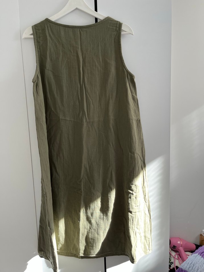 Düğmeli Keten Midi Bohem Elbise müslim kumaş - Görsel 4