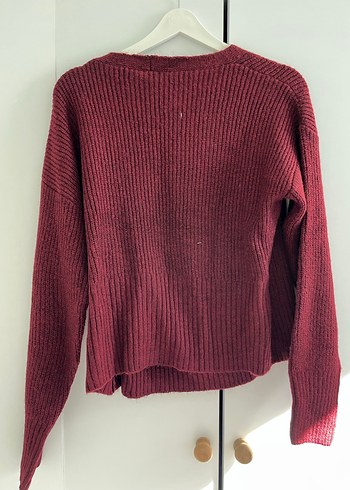 Bordo V Yaka Düğmeli Triko Hırka - Görsel 4