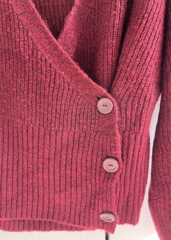 Bordo V Yaka Düğmeli Triko Hırka - Görsel 3