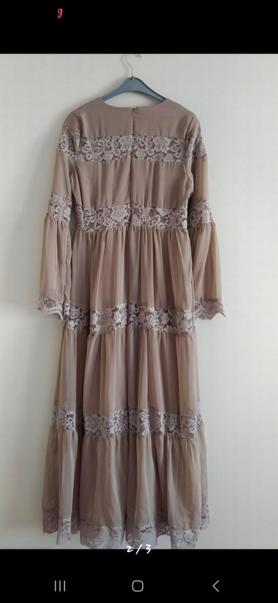 Bej Dantel Detaylı Bohem Uzun Elbise - Görsel 2