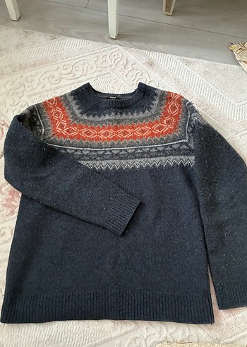 Mavi Gri Bağlamalı Desenli Kadın Yün Kazak - Görsel 2