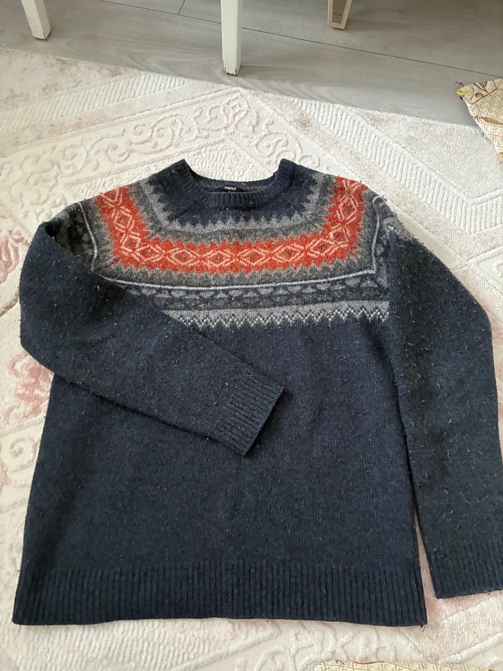 Mavi Gri Bağlamalı Desenli Kadın Yün Kazak - Görsel 2