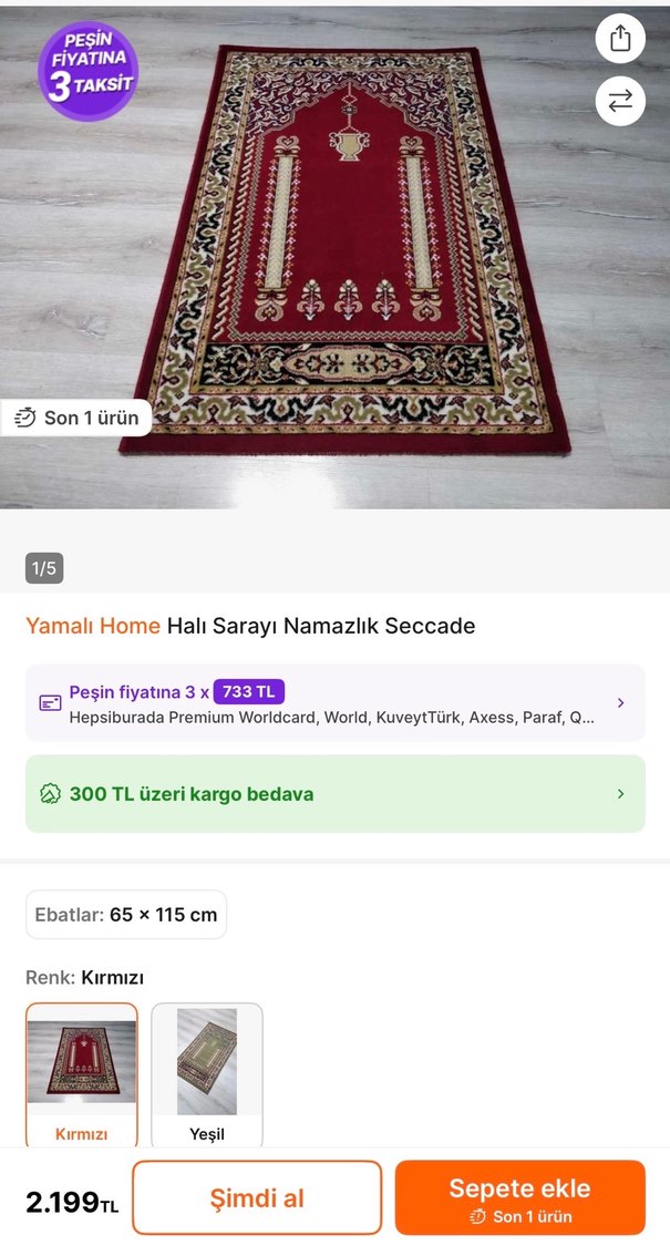 Saray Halı Namazlık seccade 65X115 - Görsel 4