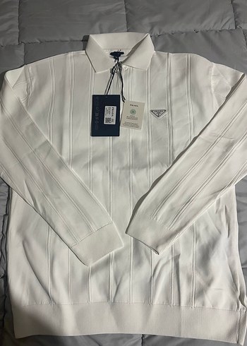 Orjinal Prada Beyaz Fermuarlı Erkek Polo Tişört - Görsel 2