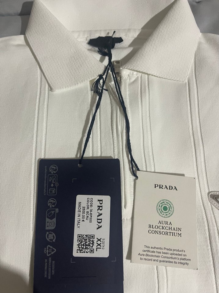 Orjinal Prada Beyaz Fermuarlı Erkek Polo Tişört - Görsel 3
