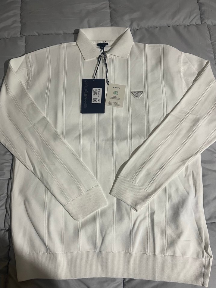Orjinal Prada Beyaz Fermuarlı Erkek Polo Tişört - Görsel 2