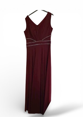 Bordo Uzun V Yaka Drapeli Abiye Elbise - Görsel 2