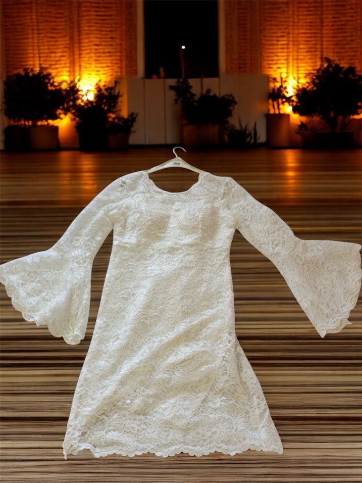 Dantel Detaylı Beyaz Midi Bohem Nikah Elbisesi - Görsel 3