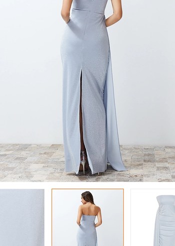 Mavi Drapeli Straplez Uzun Abiye Elbise - Görsel 4